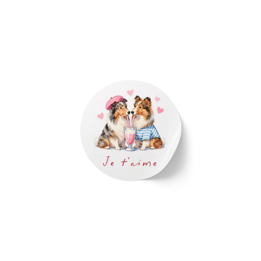 Round Dog Sticker Roll — "Je t'aime" Collie Couple Labels (Valentine, Pet Gifts)