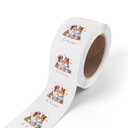 Round Dog Sticker Roll — "Je t'aime" Collie Couple Labels (Valentine, Pet Gifts)
