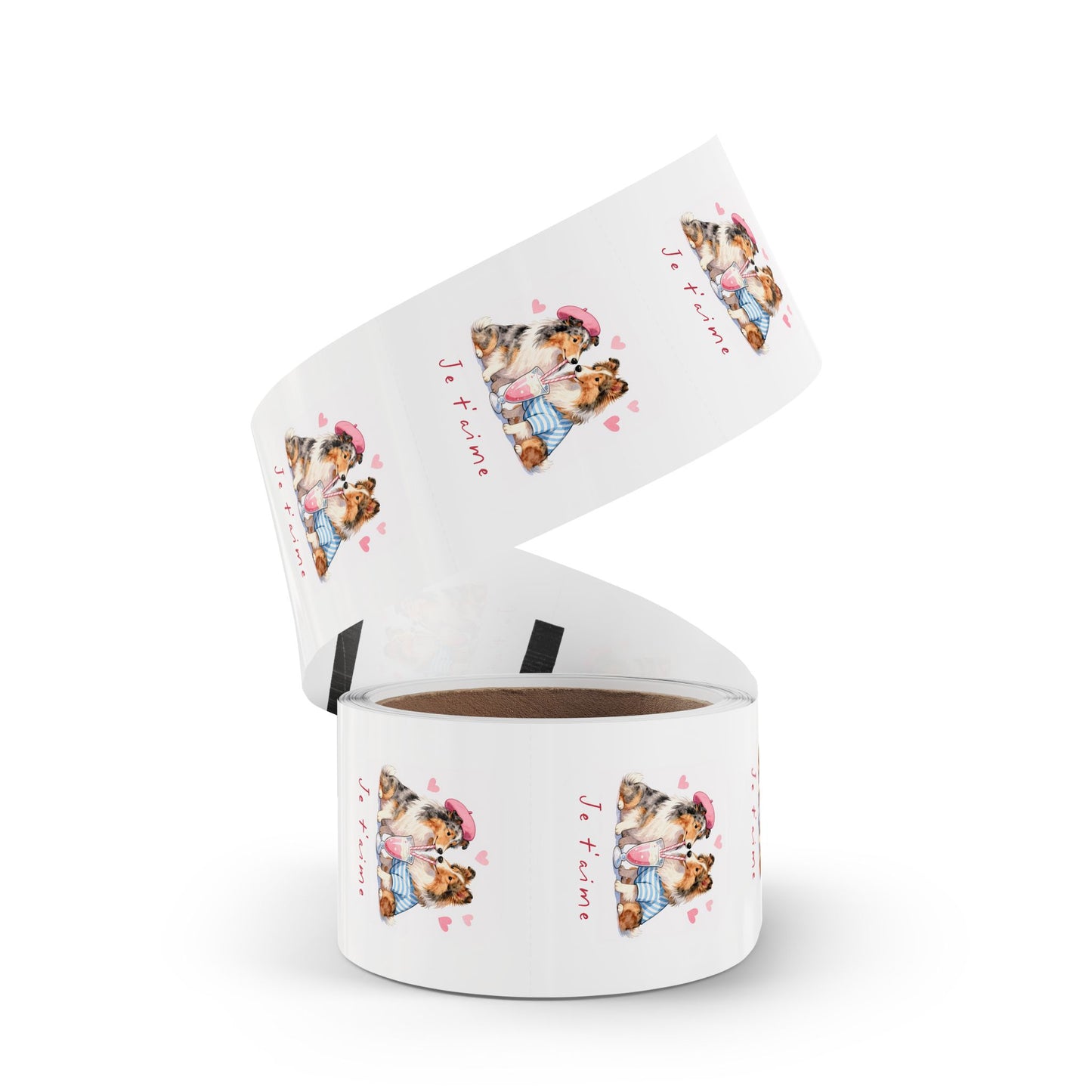 Round Dog Sticker Roll — "Je t'aime" Collie Couple Labels (Valentine, Pet Gifts)