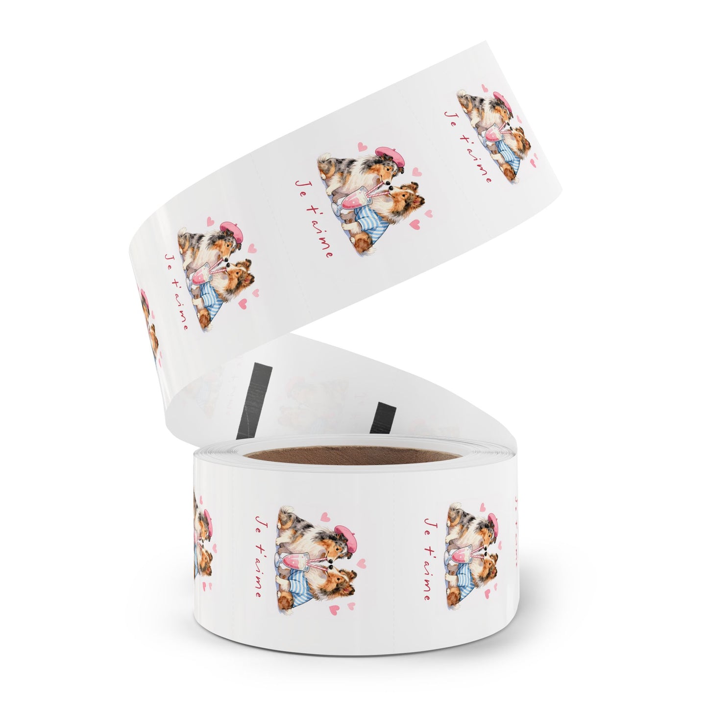 Round Dog Sticker Roll — "Je t'aime" Collie Couple Labels (Valentine, Pet Gifts)