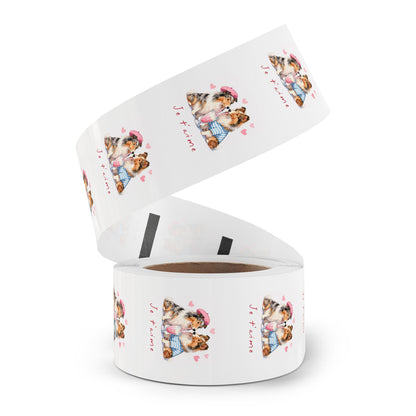 Round Dog Sticker Roll — "Je t'aime" Collie Couple Labels (Valentine, Pet Gifts)