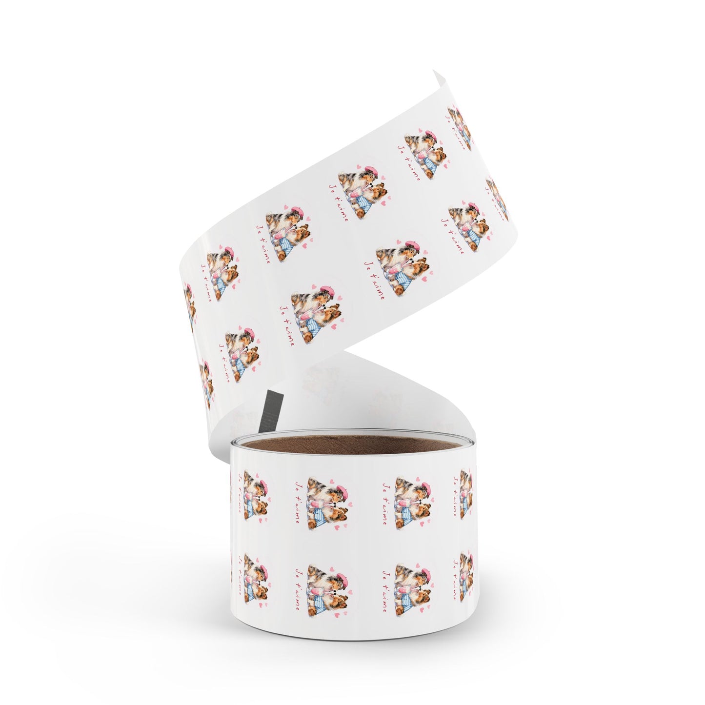Round Dog Sticker Roll — "Je t'aime" Collie Couple Labels (Valentine, Pet Gifts)