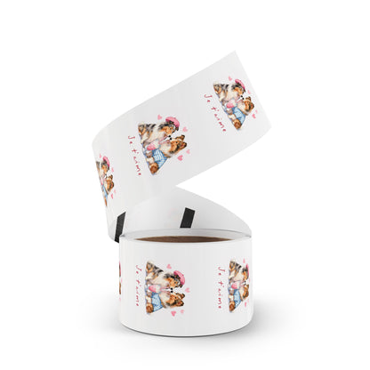 Round Dog Sticker Roll — "Je t'aime" Collie Couple Labels (Valentine, Pet Gifts)