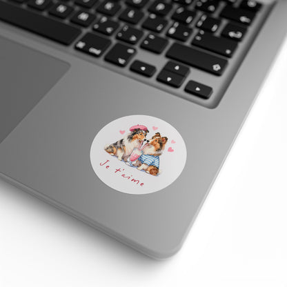 Round Dog Sticker Roll — "Je t'aime" Collie Couple Labels (Valentine, Pet Gifts)