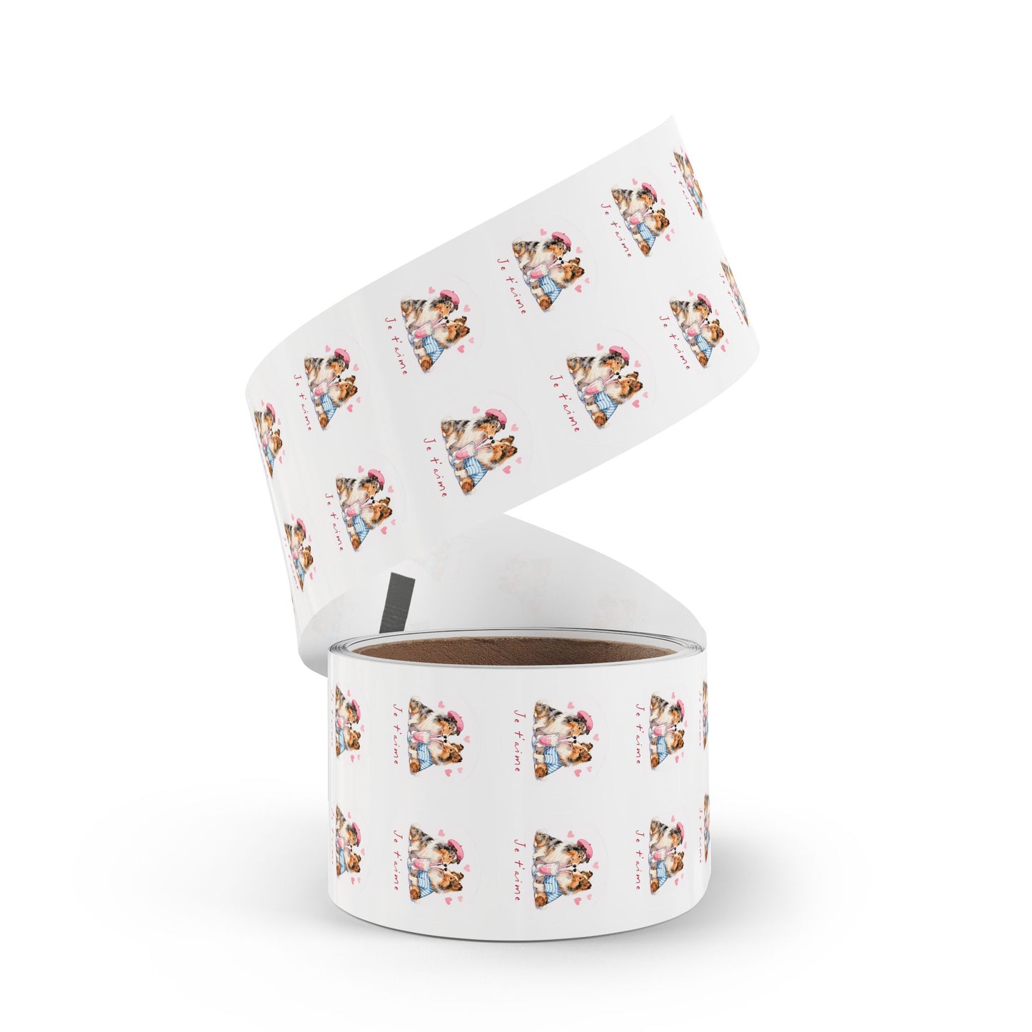 Round Dog Sticker Roll — "Je t'aime" Collie Couple Labels (Valentine, Pet Gifts)