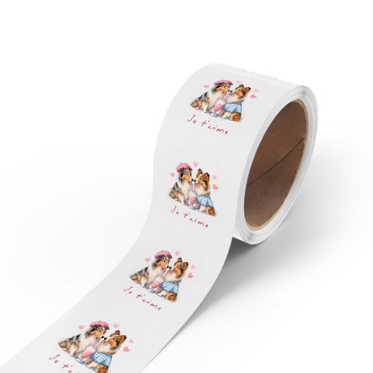 Round Dog Sticker Roll — "Je t'aime" Collie Couple Labels (Valentine, Pet Gifts)