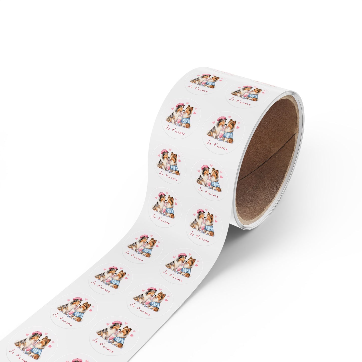 Round Dog Sticker Roll — "Je t'aime" Collie Couple Labels (Valentine, Pet Gifts)