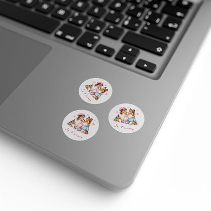 Round Dog Sticker Roll — "Je t'aime" Collie Couple Labels (Valentine, Pet Gifts)
