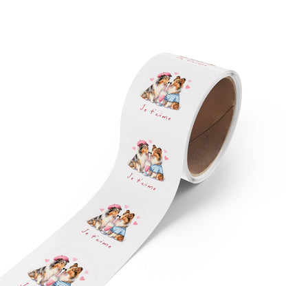 Round Dog Sticker Roll — "Je t'aime" Collie Couple Labels (Valentine, Pet Gifts)