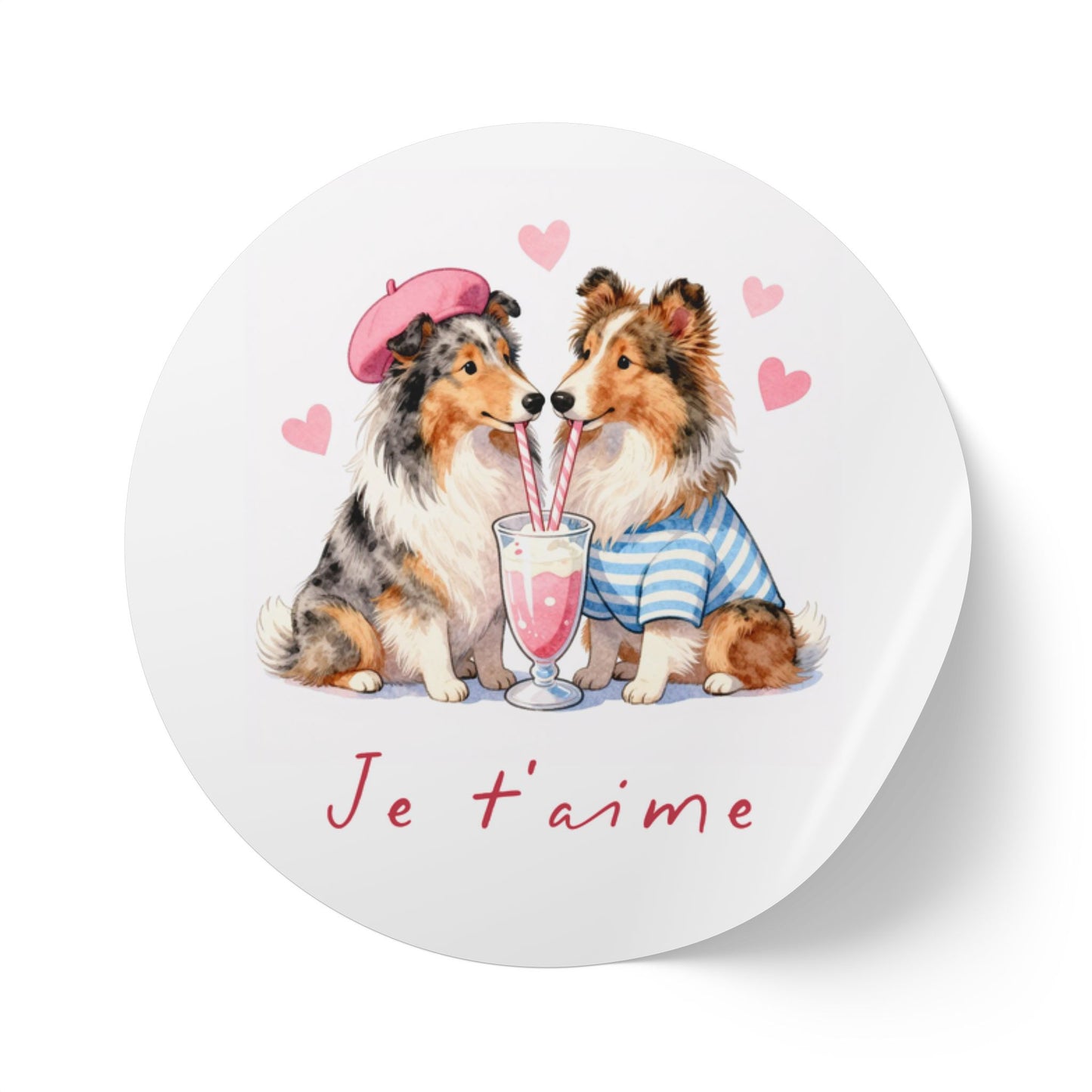 Round Dog Sticker Roll — "Je t'aime" Collie Couple Labels (Valentine, Pet Gifts)