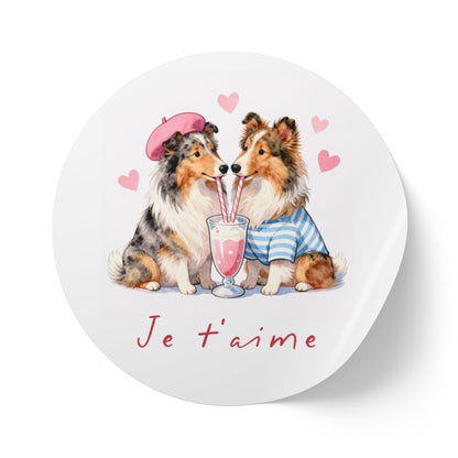 Round Dog Sticker Roll — "Je t'aime" Collie Couple Labels (Valentine, Pet Gifts)