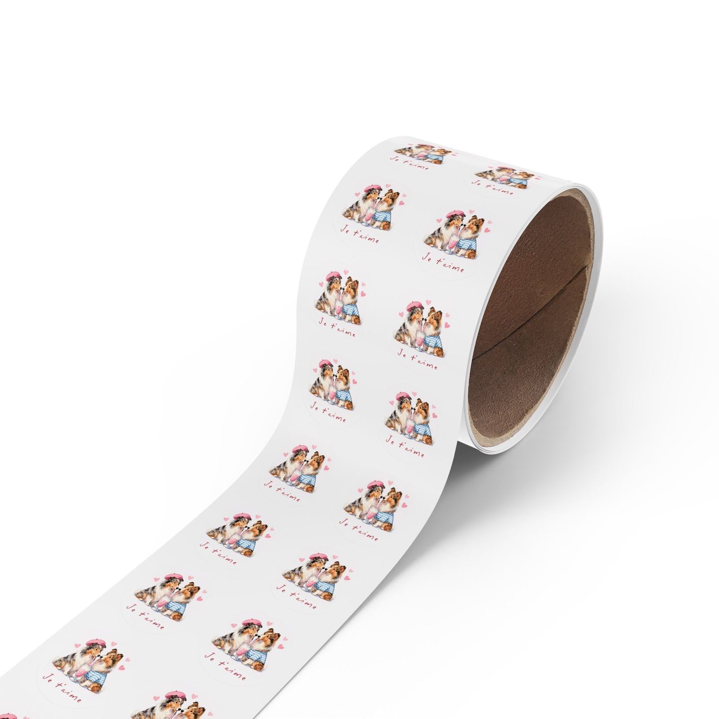 Round Dog Sticker Roll — "Je t'aime" Collie Couple Labels (Valentine, Pet Gifts)